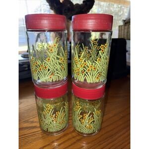 Vintage Anchor Hocking Glass Jars Floral Yellow Flowers Red Lid